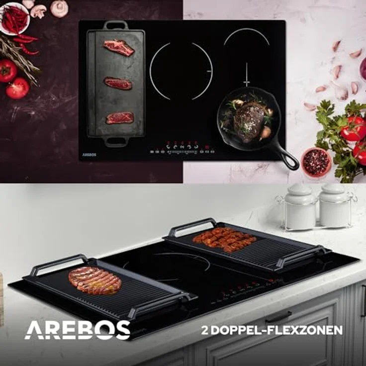 Arebos Induktionskochfeld | 9800 W | 5 Kochfelder mit 2 Flexzonen | 77 cm | Autark | mit Sensor Touch, Timer, Kindersicherung, Überhitzungsschutz, Autoabschaltung – Bild 4