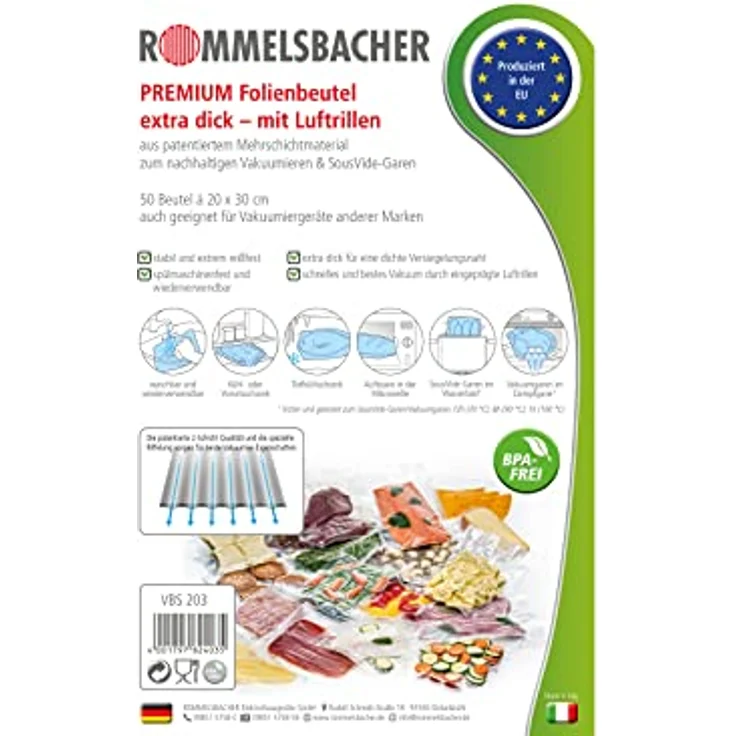 ROMMELSBACHER VBS 203 Profi Folienbeutel (50 Stück, 20 x 30cm, BPA-frei, eingeprägte Luftrillen, wiederverwendbar, Sous vide geeignet, extrem reißfest, für alle Balkenvakuumierer) – Bild 2