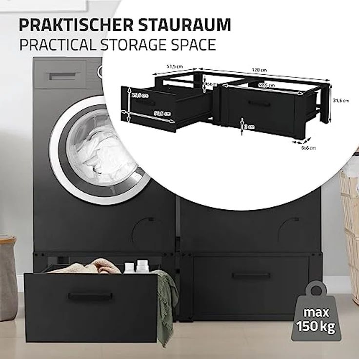 ML DESIGN modern living Doppel Waschmaschinen Untergestell mit 2 Schubladen, Schwarz, 128x53,5x31,5 cm, 2-Fach 2x150kg, Stahl, Doppelpodest Sockel Erhöhung – Bild 3