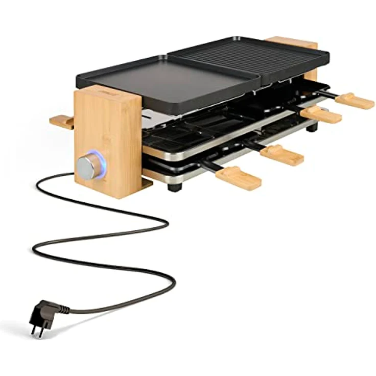 Princess Raclette Pure 8 – Personen 2 wendbare Grillplatten Kochfläche x 21 cm x 23 Parkdeck Thermostat verstellbar natürliches Bambusgehäuse inkl. Pfännchen 1300 W, 01.162918.01.001, Schwarz, Bambus – Bild 4