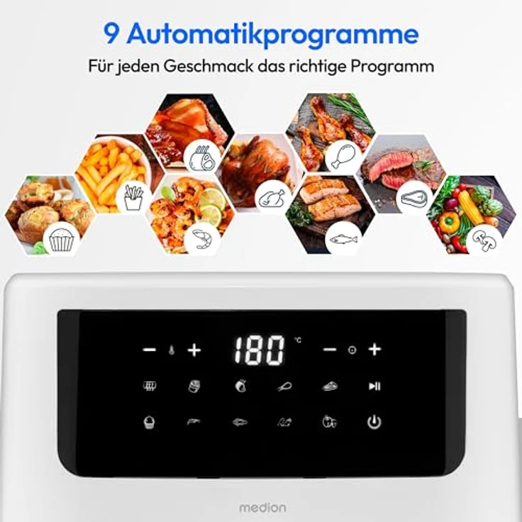 MEDION P10 XL Heißluftfritteuse, 6,8 L XXL, 2.150 W, zwei Edelstahlheizelemente, 9 Automatikprogramme, Touch Bedienfeld, matt – Bild 4