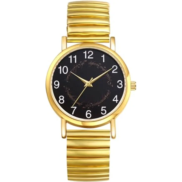 JewelryWe Damenuhr Vintage Boho, elastisches Zugarmband aus Edelstahl, goldene Analog Quarz Uhr mit großen Ziffern und mystischen Runen, 19-21cm Handgelenkgröße – Bild 1