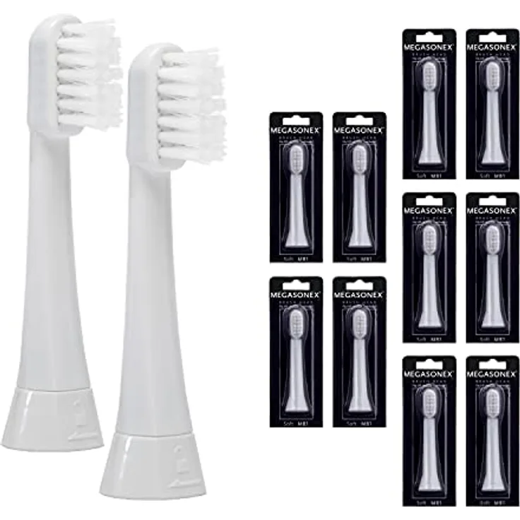 MEGASONEX 10x Megasonex Bürstenköpfe flat soft, ultrafeine Dupont Tynex Fasern, extra schmaler Präzisionskopf, sicherer Drehriegelverschluss