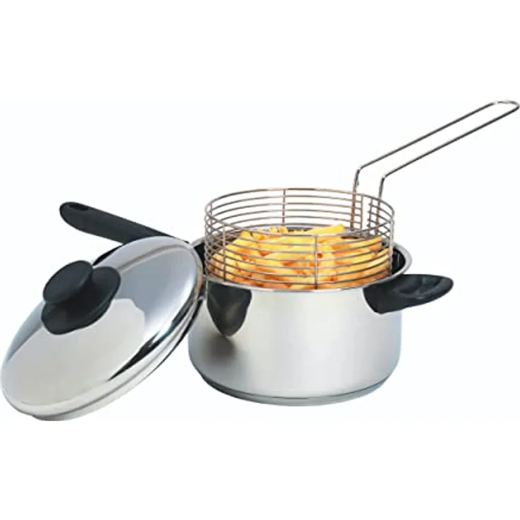 KitchenCraft Großer Pommes Kochtopf mit Frittierkorb und Deckel, Fritteuse Topf für alle Herdarten inklusive Induktionskochfeld, Pommes Körbchen Edelstahl, Silber, Ø 20 cm