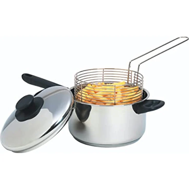 KitchenCraft Großer Pommes Kochtopf mit Frittierkorb und Deckel, Fritteuse Topf für alle Herdarten inklusive Induktionskochfeld, Pommes Körbchen Edelstahl, Silber, Ø 20 cm – Bild 1