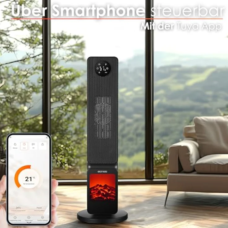 Echos Heizlüfter mit Kaminillusion energiesparend Oszillierend Überhitzungsschutz 2000 Watt 2 Stufen Smartphone steuerbar Tuya App Leise mobile Elektroheizung Miniheizung Heater – Bild 3