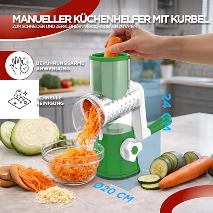 BI International Gemüseschneider mit Kurbel, Trommelreibe mit 3 Edelstahl-Klingen, stabiler Saugfuß und Lebensmittelschieber – Bild 4