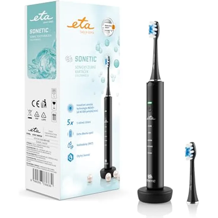 ETA elektrische Schallzahnbürste Sonetic, 5 x Reinigungsmodi, bis zu 40.000 Bürstenkopfbewegungen/Minute, Timer, 3,7 V Li-Ion-Akku, IPX7, 2 Ersatzköpfe, Schwarz