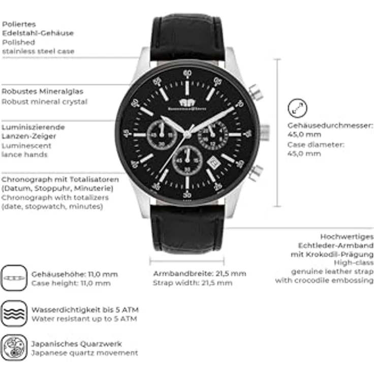 Rhodenwald & Söhne Chronograph Goodwill schwarz, aus Edelstahl, Herrenuhr mit Quarzwerk und Lederarmband – Bild 2