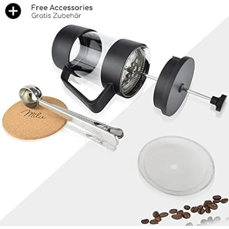 Milu French Press Kaffeebereiter | 350ml, Glas Kaffeepresse, Kaffeezubereiter für Zuhause Reisen Camping inkl. Untersetzer, Löffel, Ersatzfilter (Schwarz, 350ml (2 Tassen) – Bild 4