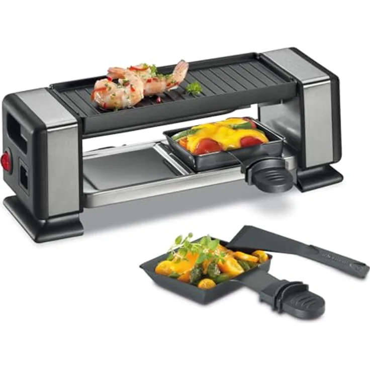 Küchenprofi Raclette VISTA2 PLUS, Raclette 2 Personen, erweiterbar bis zu 3 Geräten, Edelstahl, Antihaftbeschichtete Grillplatte, je 2 Raclette Pfännchen & Spatel, Raclette für 2 Personen