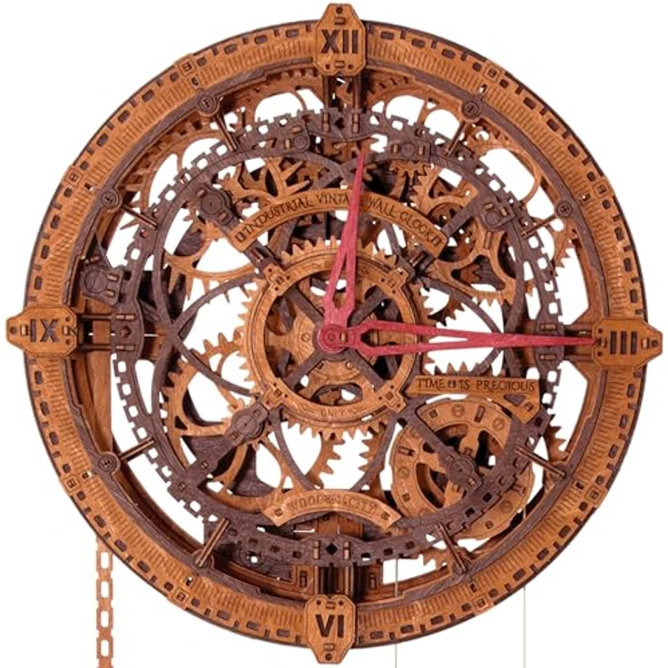 WoodenCity 3D-Holzpuzzle Wanduhr, Industrielle Vintage-Wanduhr mit präzise gearbeiteten Zahnrädern und hochwertigem Holz – Bild 2