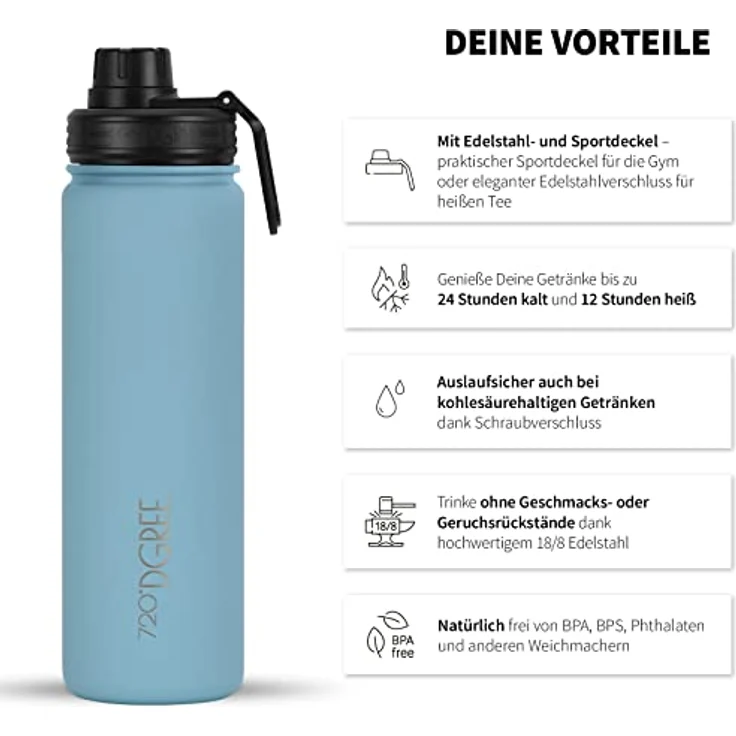 720°DGREE Edelstahl Trinkflasche Kinder 530ml “noLimit”, Auslaufsicher, für Kohlensäure, BPA-Frei, Thermosflasche mit Schraubverschluss, inkl. Gratis Sportdeckel – Bild 2