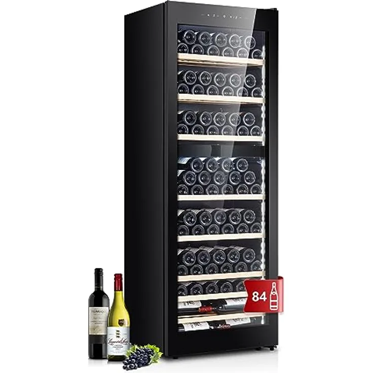 Kalamera KRC-266BFG Weinkühlschrank Upgrade, 84 Flaschen, 266 Liter, 2 Kühlzonen 5-10°C/10-18°C, schwarze Glastür, weiße LED-Beleuchtung