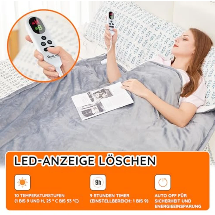 Mia&Coco Heizdecke mit Abschaltautomatik, 10 Heizstufen Up-to-9 Stunden Auto-Off-Timer Überhitzungsschutz, Elektrische Wärmedecke Bett Wärme Decke ETL-Zertifiziert, Flanell Waschbar – Bild 2