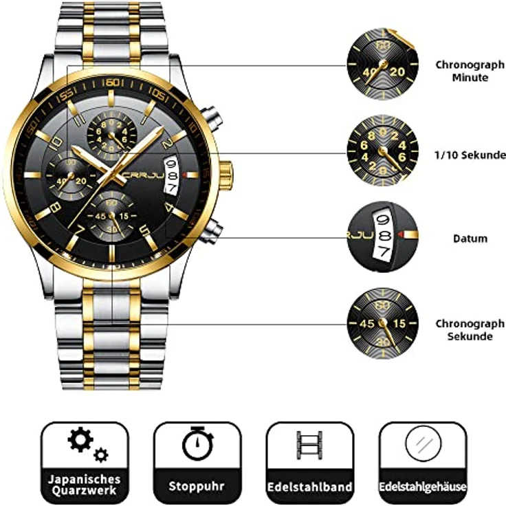 CRRJU Herren Chronographen Armbanduhr, Wasserdicht mit Kalender, Edelstahlarmband in Silber, Gold und Schwarz – Bild 3