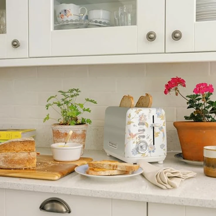 VQ Laura Ashley 2-Scheiben-Toaster, Edelstahl Vintage-Toaster in Elveden Weiß mit einstellbaren Heiz-, Auftau- und Aufwärmmodi sowie Aufsatz zum Erwärmen von Croissants – Bild 2