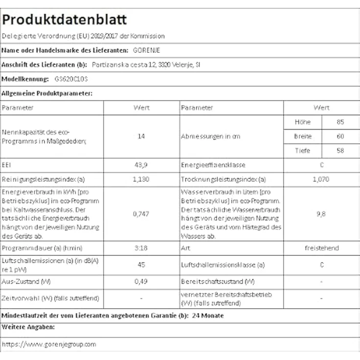 Gorenje GS620C10S, Geschirrspüler, C, Geräuschemissionsklasse C, Geräuschemissionen 45 Dezibel – Bild 9