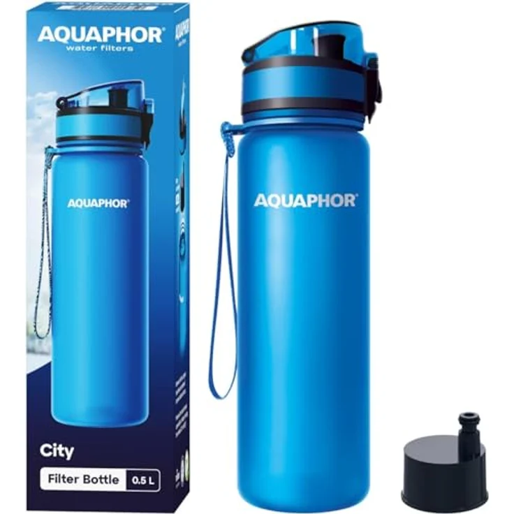 AQUAPHOR City Filterflasche 500ml Blau I Flasche mit Wasserfilter für unterwegs I Filter mit Aktivkohle I Filtert Chlor I Aus Tritan & BPA-frei I Für besseren Geschmack & Geruch des Wassers – Bild 1
