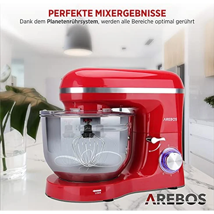 Arebos Küchenmaschine 1500W mit 6L Edelstahl-Rührschüssel | Rot | inkl. Rührhaken, Knethaken, Schneebesen | Spritzschutz | 6 Geschwindigkeiten | Knetmaschine | Teigmaschine – Bild 4