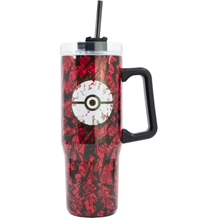 POKÉMON XL Edelstahl-Trinkflasche, wiederverwendbarer Thermobecher mit 940 ml Fassungsvermögen, drehbarem Trinkverschluss und integriertem Strohhalm – Bild 1
