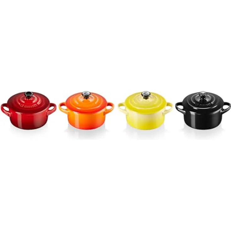 Le Creuset Mini-Cocotte- Bräter-Set, 4-teilig, Rund, Je 200 ml, 10 x 5 cm, Steinzeug, Feuer und Flamme (Gelb-Kirschrot-Ofenrot-Schwarz) – Bild 3