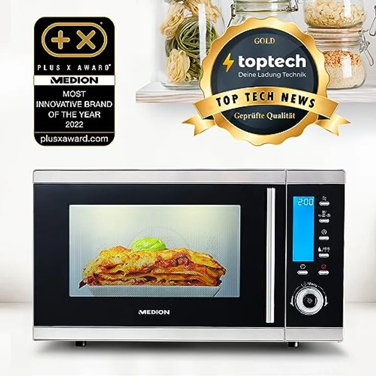 MEDION MD 15501 4 in 1 Mikrowelle mit Grill (25 Liter, 900 Watt, 1100 Watt Grill, 2500 Watt Heißluft, 10 Automatik-Programme) silber – Bild 2