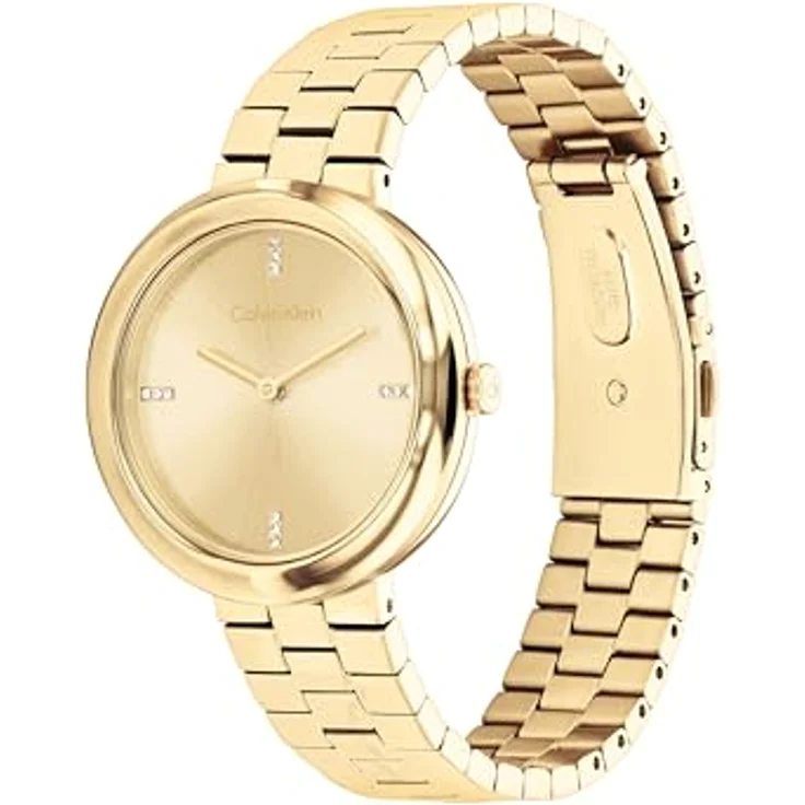 Calvin Klein Quarzuhr Twisted Bezel 25100094, Damenuhr mit goldfarbenem Edelstahlarmband, analog, spritzwassergeschützt, Zifferblatt mit Glassteinen – Bild 2