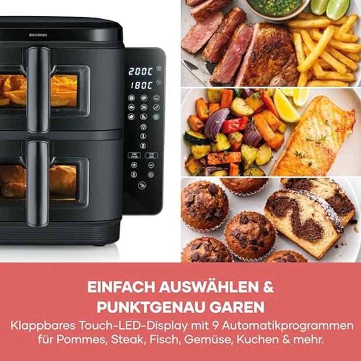 SEVERIN Severin® S-Fry Duo Stack Heißluftfritteuse FR 9598, 11 Liter, 9 Automatikprogramme, einklappbares LED-Touch-Display – Bild 10