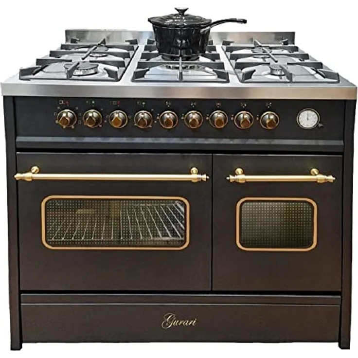 Gurari Gas Standherd 90 cm GCH E 916 Bl Retro Gasherd mit Elektro Backofen | Range Coocker 89L | 8 Funktionen | Heißluft | Grill | 5 Hochwertige Brenner | 4 kw WOK | Erdgas | Propangas