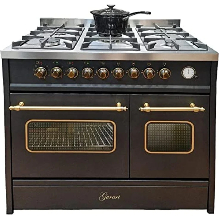 Gurari Gas Standherd 90 cm GCH E 916 Bl Retro Gasherd mit Elektro Backofen | Range Coocker 89L | 8 Funktionen | Heißluft | Grill | 5 Hochwertige Brenner | 4 kw WOK | Erdgas | Propangas – Bild 1