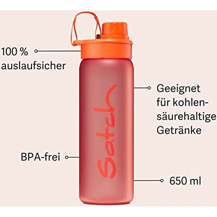 satch Sport Trinkflasche BPA frei 650 ml, Auslaufsicher und Kohlensäure geeignet, für Sport- und Erfrischungsgetränke Orange – Bild 2