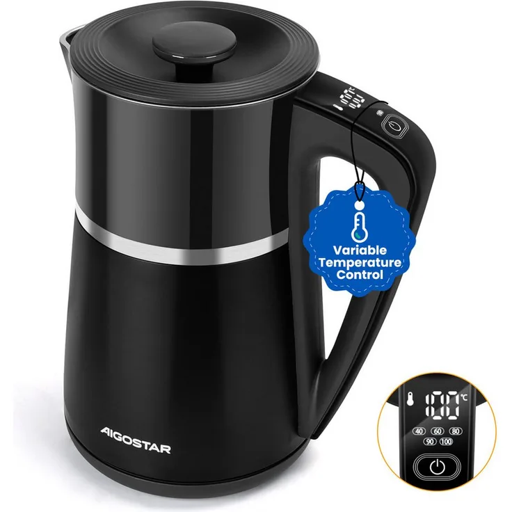 Aigostar Alva Edelstahl Wasserkocher mit Temperatureinstellung 40°C-100°C, 1,7 L, Doppelwand, Cool Touch, LED Digital, schwarz