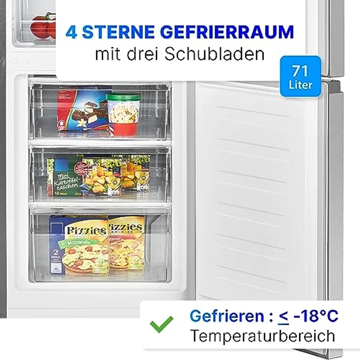 Bomann® Kühlschrank mit Gefrierfach 180cm hoch | Kühl Gefrierkombination 268L mit 4 Ablagen & 3 Schubladen | Türanschlag wechselbar | leise Kühlgefrierkombi mit 36db | Kühlschrank KG 7353 inox – Bild 5