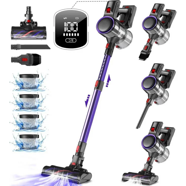 Hiazurm A19 Akku-Hand- und Stielstaubsauger, 50 Min Akkulaufzeit, 2 Saugstufen, 1.6L Staubbehälter, 8-in-1 für Teppich und Hartboden, mit HEPA-Filter und LED Display