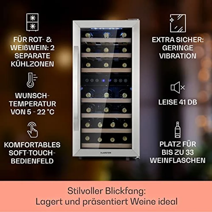 Klarstein Vinamour 33 Duo Weinkühlschrank, freistehend, silber, 33 Flaschen, 2 Temperaturzonen, 5-18°C, Touch, Energieklasse F – Bild 3