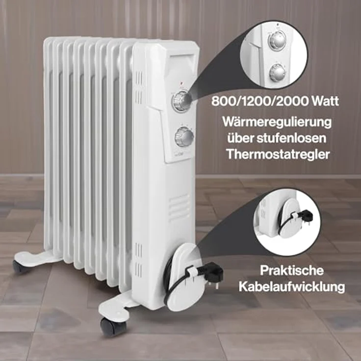 Clatronic RA 3736 9 Rippen-Ölradiator, mobiler Heizkörper bis 2000 Watt, Wärmeregulierung über stufenlosen Thermostatregler, Flexibler Einsatz durch 4 Leichtlaufrollen, Slimline-Bauweise, weiß, Radiator – Bild 2