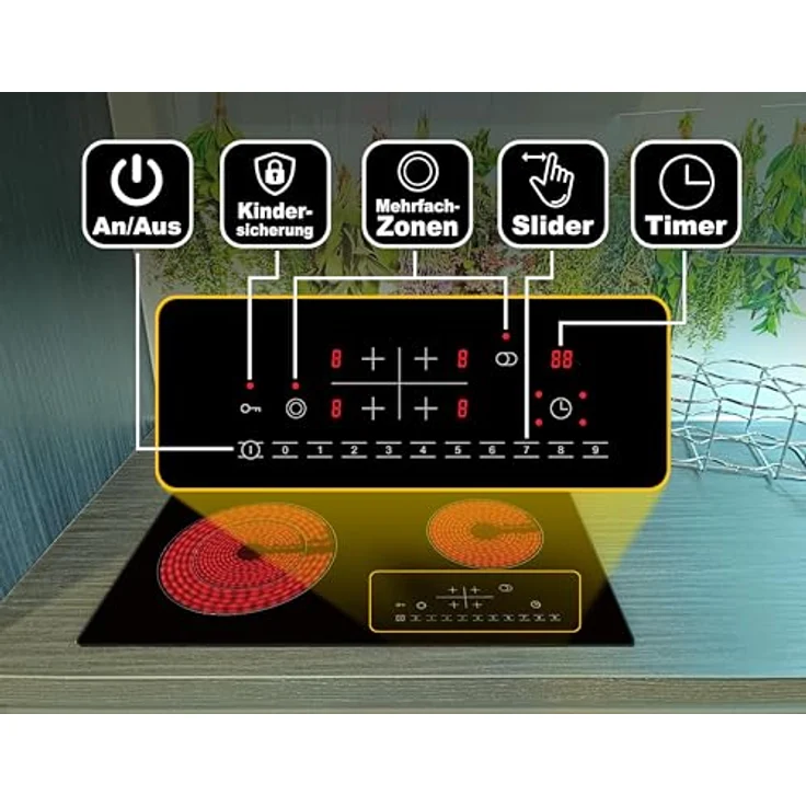 Acopino Glaskeramik Kochfeld autark 60cm Einbaukochfeld KM4-2 mit Sensor Touch Control und Bräterzone und Zweikreis-Zone – Bild 3