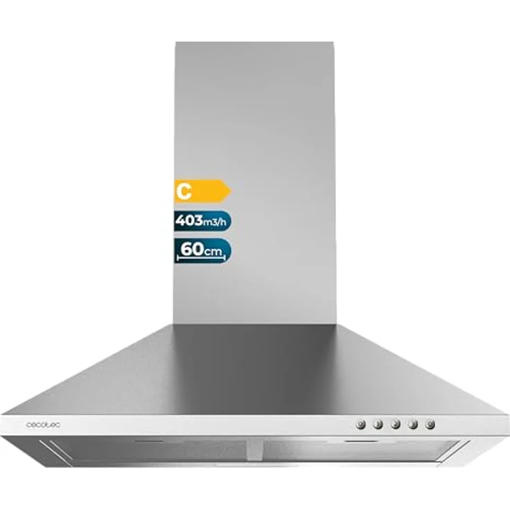 Cecotec Flux PM 604300 Dunstabzugshaube, 60 cm, pyramidenförmig, Edelstahl-Finish, Saugleistung 403 m³/h, 3 Leistungsstufen, Klasse C – Bild 1