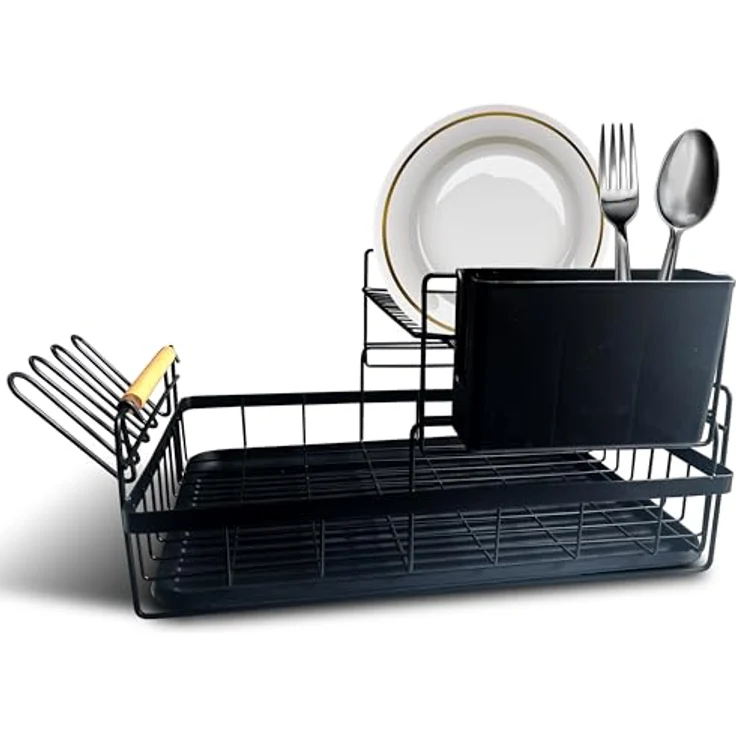 Retoo Geschirr Abtropfständer, platzsparender Geschirrabtropfer mit herausnehmbarem Tablett, 44 x 42 x 26.5 cm, Schwarz – Bild 2