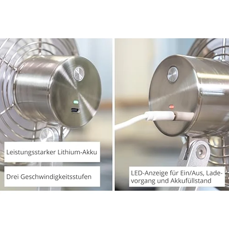 Unold STEEL FLEX Akku Ventilator 86705, leiser Tischventilator aus Edelstahl, 12h Laufzeit, USB-C, 3 Stufen, 360° drehbar, kompakt und standfest für Büro, Homeoffice & Camping – Bild 4