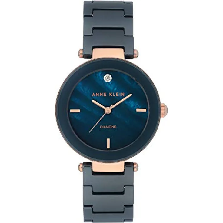 Anne Klein Damen-Uhr Quarz, blau Perlmutt mit roségoldenem Gehäuse und Keramik-Armband
