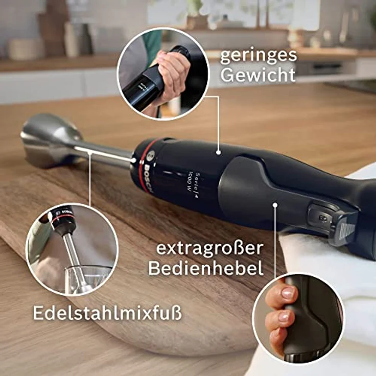 Bosch MSM 4B610 ErgoMaster Serie 4 Stabmixer, 1000 W, inkl. Mixbehälter, Anti-Rutsch-Beschichtung, QuattroBlade System - 4 Klingen, schwarz – Bild 5