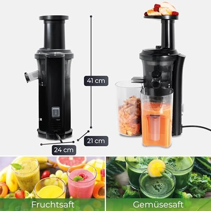 KLAMER Slow Juicer 150 Gemüse und Obst, Entsafter mit Rückwärtsgang, elektrische Fruchtpresse mit Bürste und 2 Behältern, schlankes Design, schwarz – Bild 5