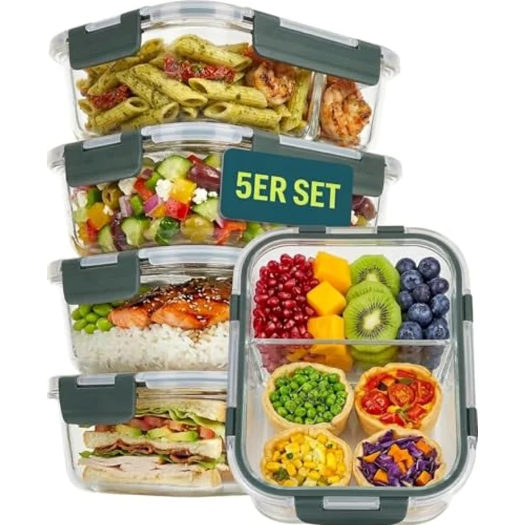 uandu Glasbehälter mit Deckel 10-teilig, Meal Prep Boxen aus Borosilikatglas, 2 Fächer, luftdicht und stapelbar, 950 ml – Bild 1