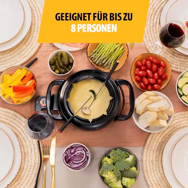 Tristar Fondue-Set für bis zu 8 Personen, 1,5 Liter Fassungsvermögen, inklusive Edelstahlgabeln, 1000 Watt, FO-1107, Schwarz – Bild 3