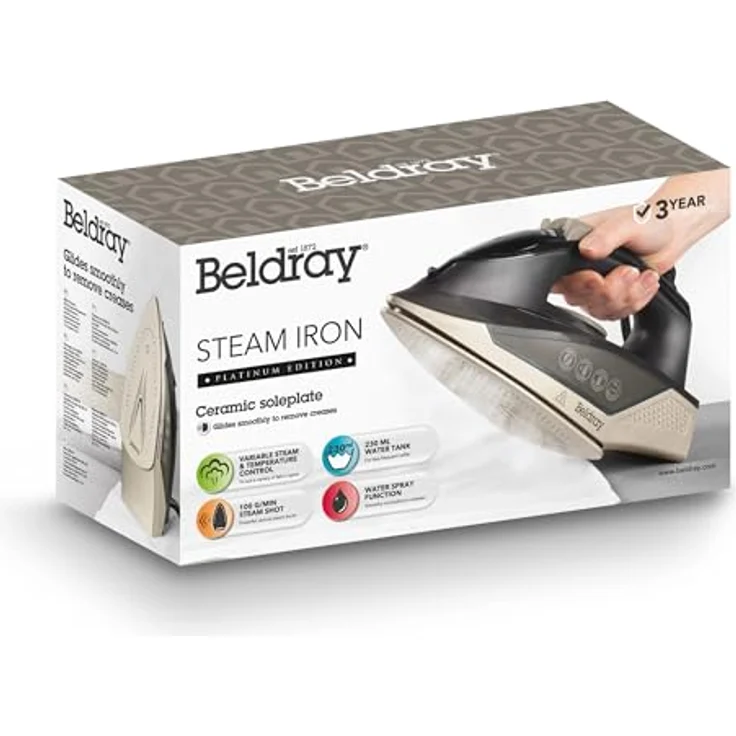 Beldray BEL01848VDE Dampfbügeleisen – 2000 W, kompaktes Dampfbügeleisen mit Keramik-Bügelsohle, 230 ml Wassertank, Dampfstoß 100 g/min, auslaufsicher, 1,9 m Kabel, einstellbare Temperatur – Bild 3