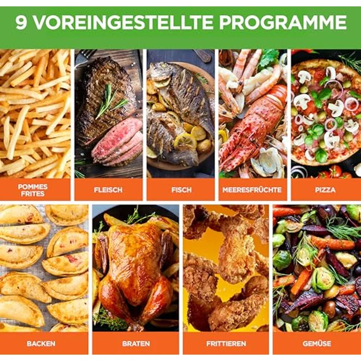 NutriChef Heißluftfritteuse Airfryer XL, 8L Doppel-Fritteuse mit 2 Körben, 9 Programmen, spülmaschinenfest, antihaftbeschichtet, bis 360 °C, schwarz – Bild 5