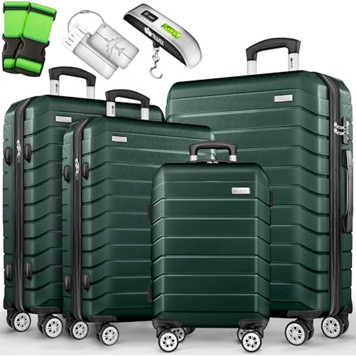 tillvex® Reisekoffer Set 4-TLG. Hartschalenkoffer mit 4 Rollen, TSA Schloss, inklusive Gepäckwaage, 8 Koffergurte & 4 Kofferanhänger, Armeegrün, Größen S-M-L-XL – Bild 1