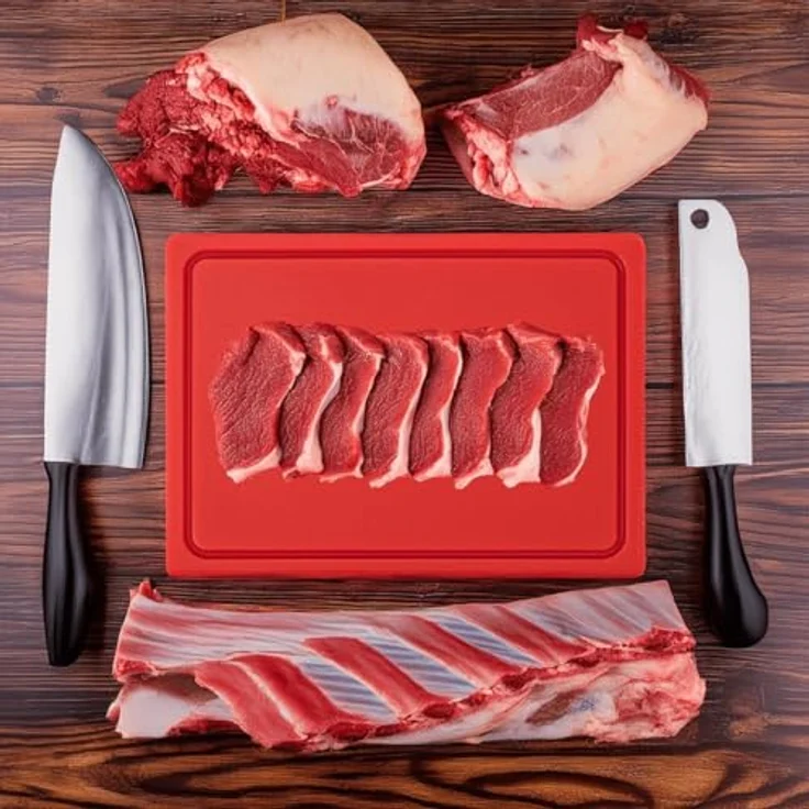 MUVELL stabiles Schneidebrett Kunststoff Spülmaschinenfest, EXTRA dick, messerschonend | HACCP rohes Fleisch Küchenbrett | Schneidbrett mit Saftrille (Rot, 45x30x2 cm) – Bild 3